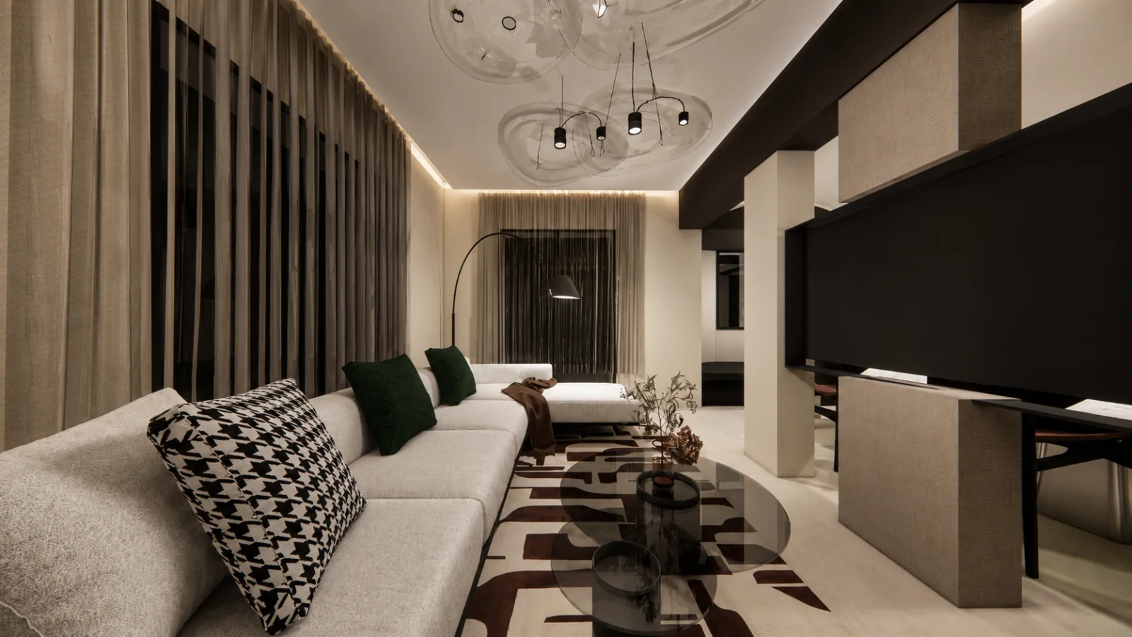 Salon contemporain d’une villa familiale aménagée par LSTUDIO au Maroc