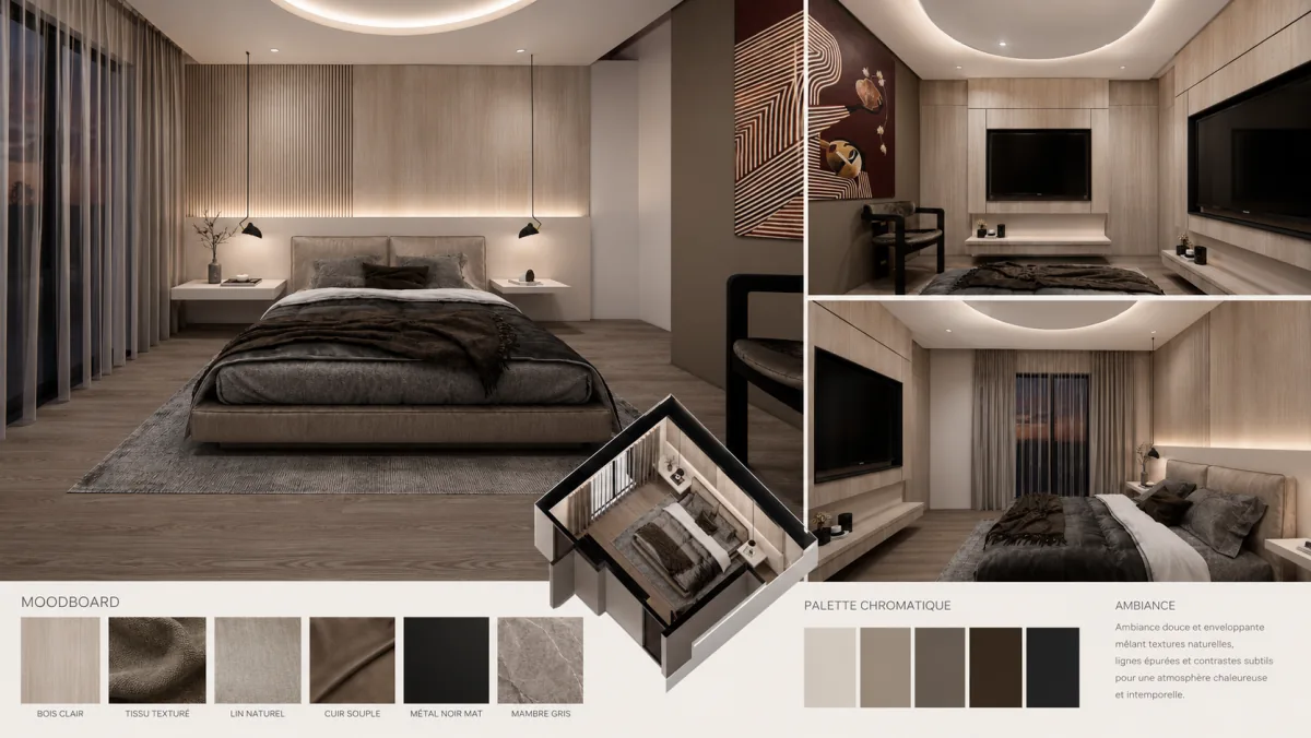 Chambre parentale au design intérieur moderne au Maroc